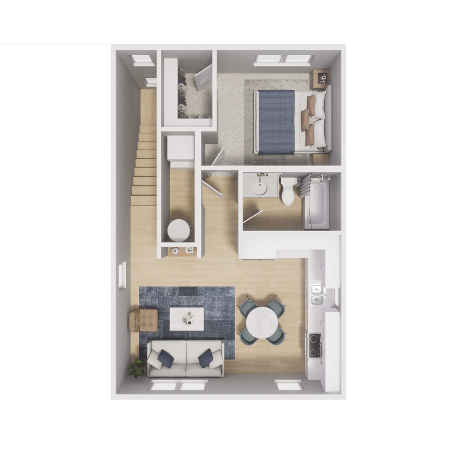 Rendering of the 1x1 - 600 sqft - A2 floor plan with 1 bedroom[s] and 1 bathroom[s] at Cottages at Rampart Park