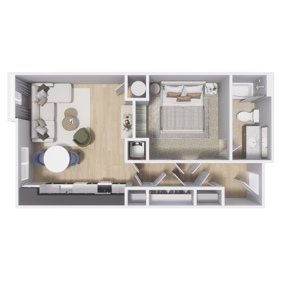 Rendering of the Coal Creek floor plan with a Studio bedroom and 1 bathroom[s] at Centre Court