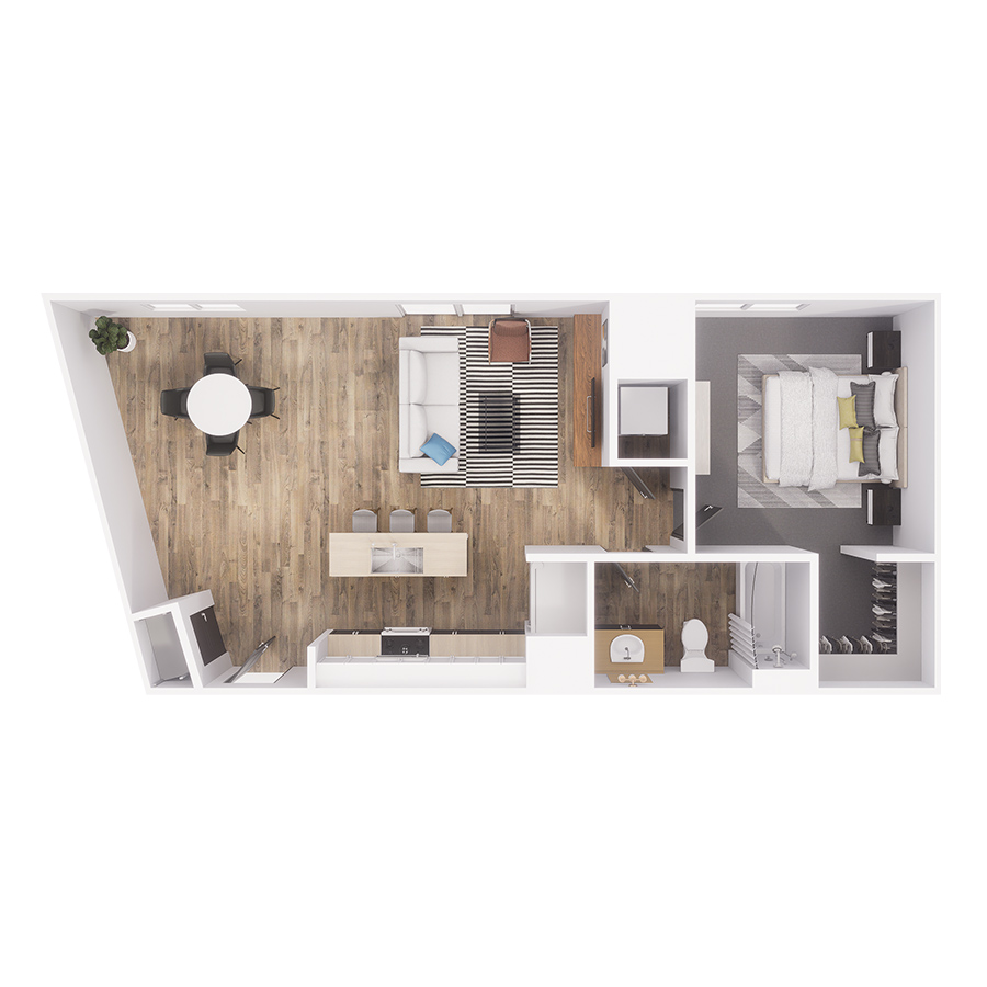 Rendering of the A5 floor plan with 1 bedroom[s] and 1 bathroom[s] at The Overland