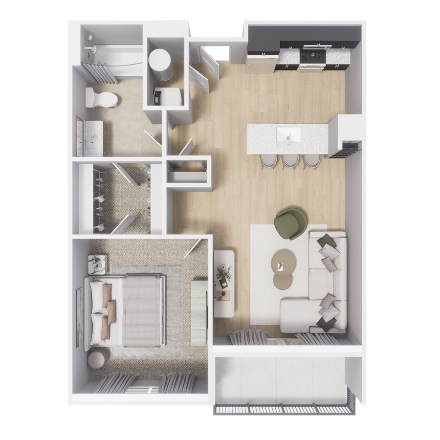 Rendering of the El Dorado floor plan with 1 bedroom[s] and 1 bathroom[s] at Centre Court