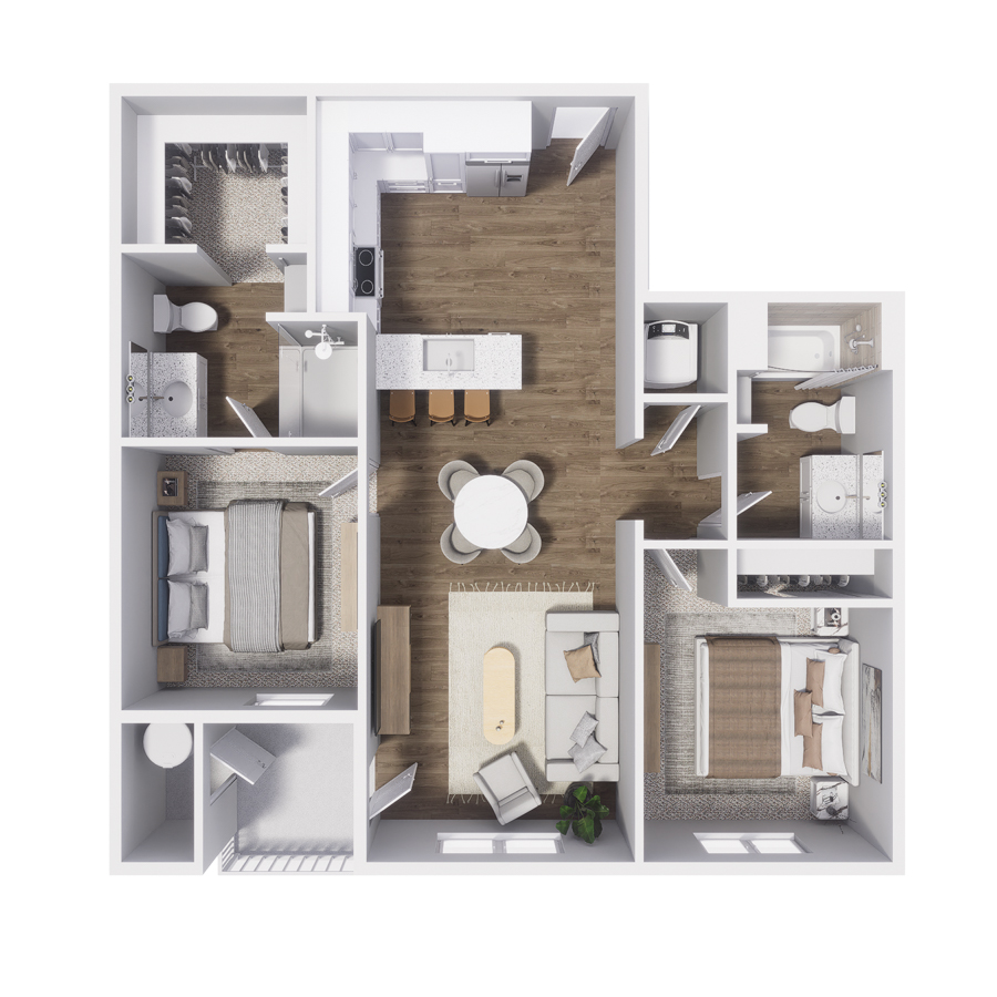 Rendering of the B2 floor plan with 2 bedroom[s] and 2 bathroom[s] at The Retreat at Patriot Park