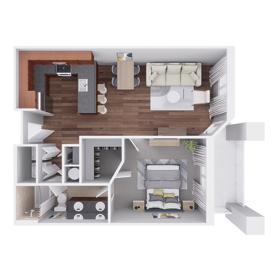 Rendering of the A2 floor plan with 1 bedroom[s] and 1 bathroom[s] at Highlands Lodge