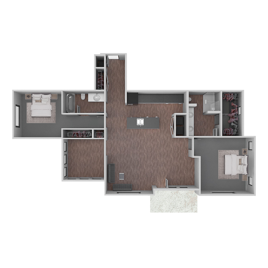 Rendering of the D1 with Den floor plan with 2 bedroom[s] and 2 bathroom[s] at Prairie View at Village West