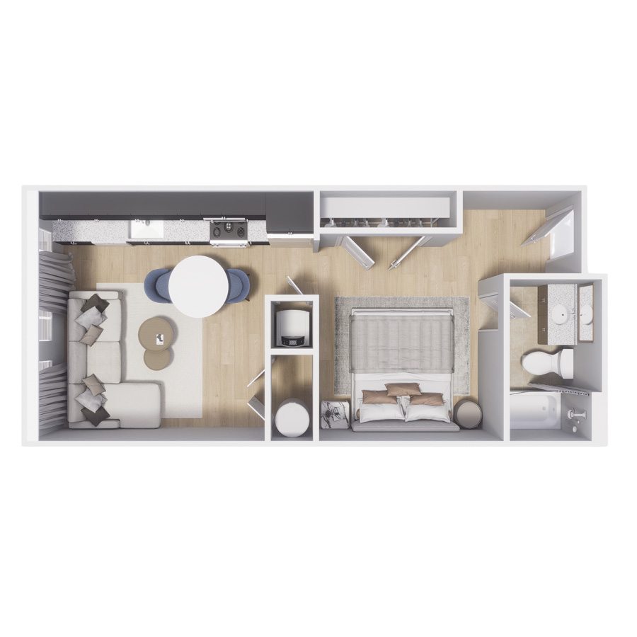 Rendering of the Backcountry floor plan with a Studio bedroom and 1 bathroom[s] at Centre Court