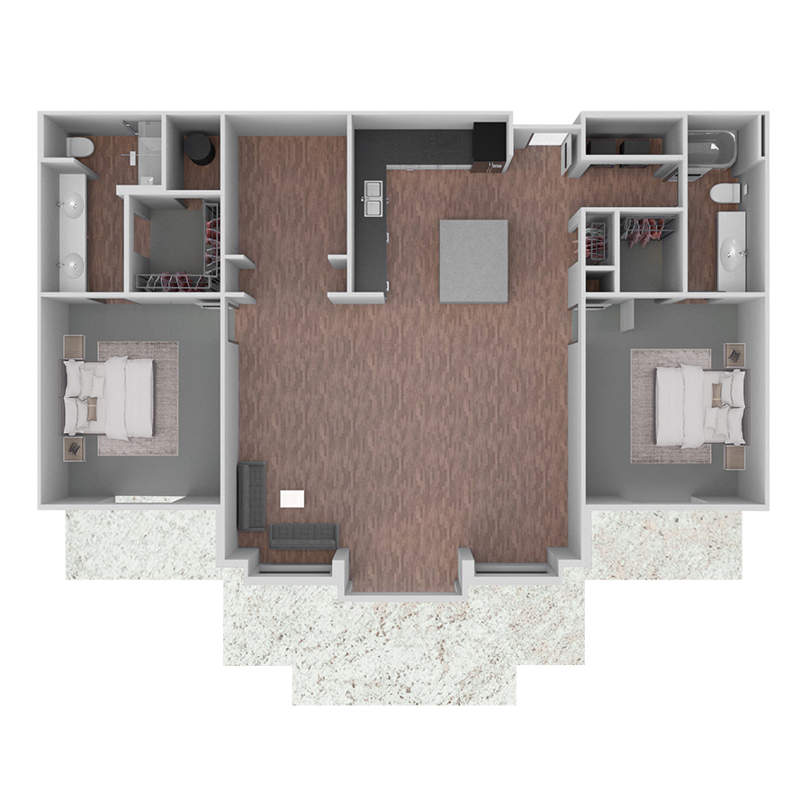 Rendering of the Penthouse with Den floor plan with 2 bedroom[s] and 2 bathroom[s] at Prairie View at Village West