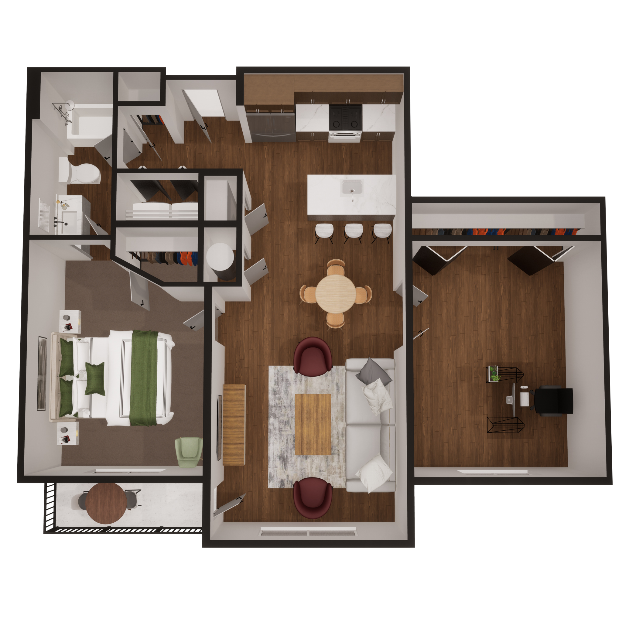Rendering of the B1 floor plan with 1 bedroom[s] and 1 bathroom[s] at Summit Square