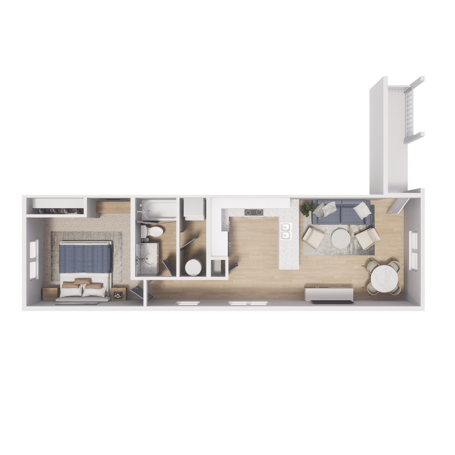 Rendering of the A2 floor plan with 1 bedroom[s] and 1 bathroom[s] at Cottages on the Boulevard