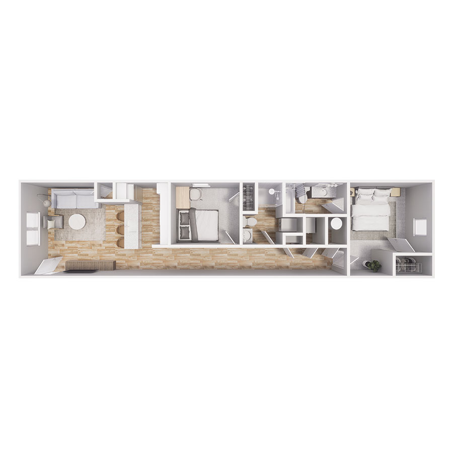 Rendering of the B3 floor plan with 2 bedroom[s] and 2 bathroom[s] at Cottages at Mesa Ridge