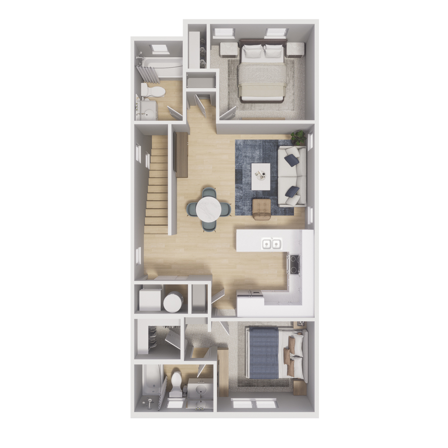 Rendering of the B2 floor plan with 2 bedroom[s] and 2 bathroom[s] at Cottages at Aero Park