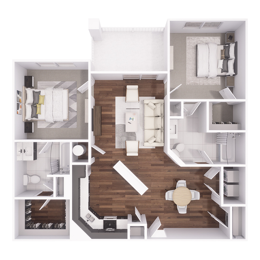 Rendering of the B1 floor plan with 2 bedroom[s] and 2 bathroom[s] at Residence at Old Hickory Lake