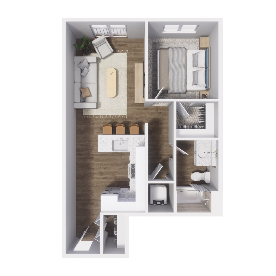 Rendering of the A2 floor plan with 1 bedroom[s] and 1 bathroom[s] at The Retreat at Patriot Park