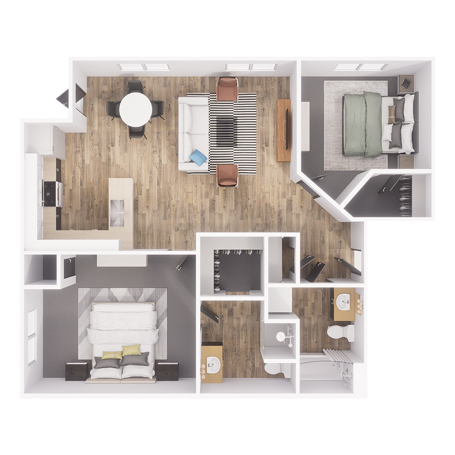 Rendering of the B3 floor plan with 2 bedroom[s] and 2 bathroom[s] at The Overland