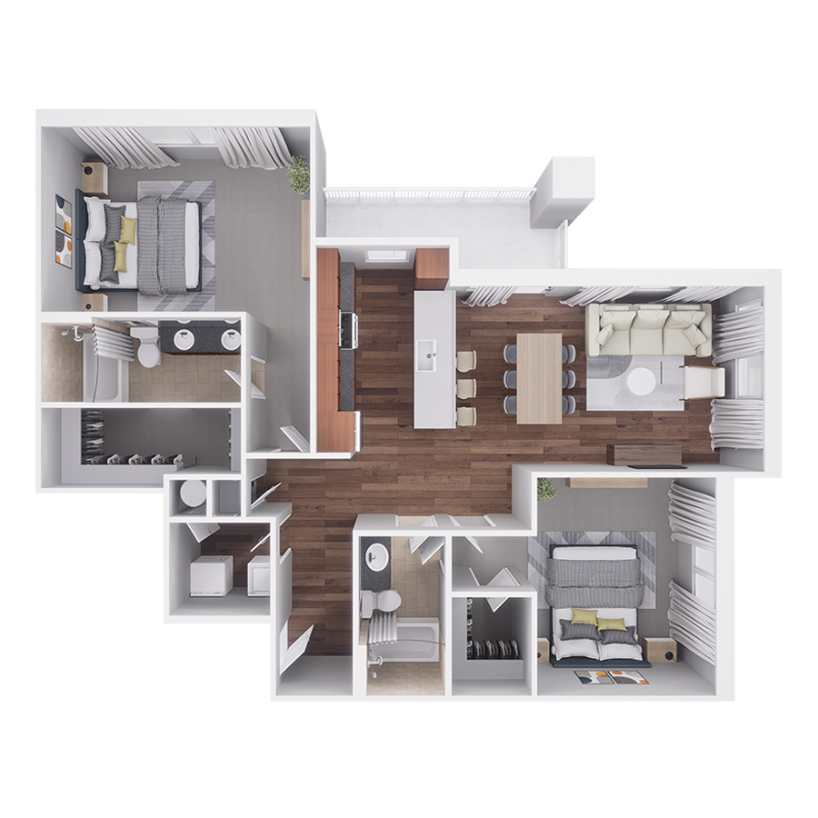 Rendering of the C5v floor plan with 2 bedroom[s] and 2 bathroom[s] at Highlands Lodge