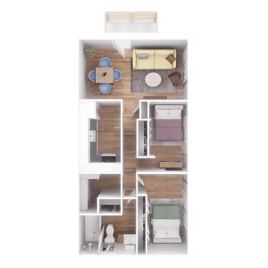Rendering of the 2 Bedroom floor plan with 2 bedroom[s] and 1 bathroom[s] at Heights on Huron
