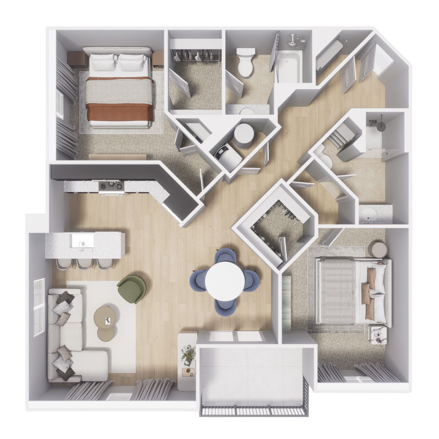 Rendering of the Rocky Flats floor plan with 2 bedroom[s] and 2 bathroom[s] at Centre Court