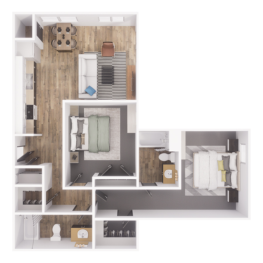 Rendering of the B2 floor plan with 2 bedroom[s] and 2 bathroom[s] at The Overland