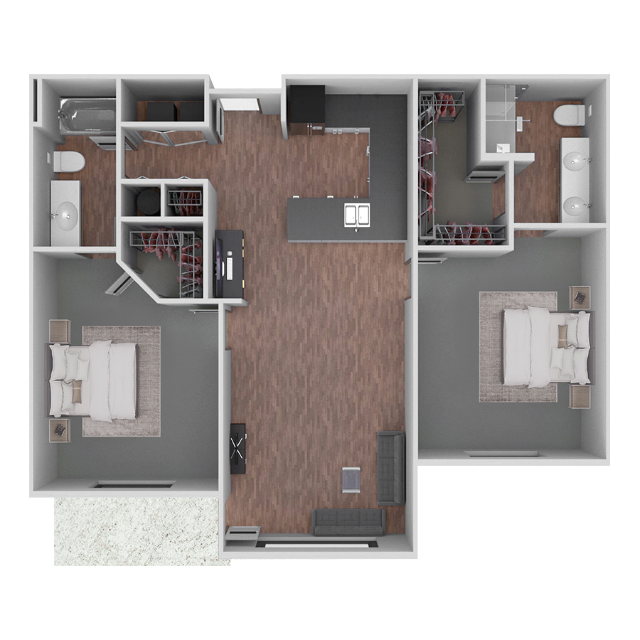 Rendering of the C1 floor plan with 2 bedroom[s] and 2 bathroom[s] at Prairie View at Village West