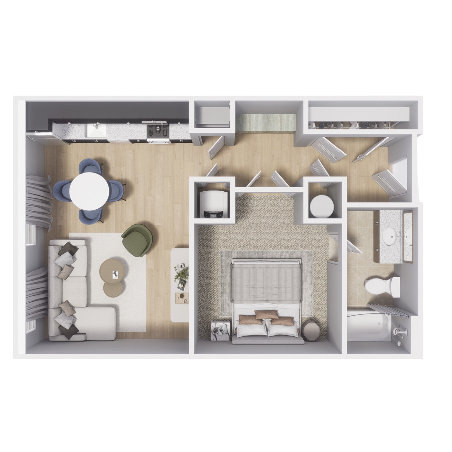 Rendering of the Canyon floor plan with a Studio bedroom and 1 bathroom[s] at Centre Court