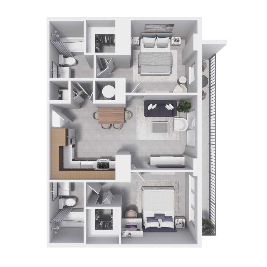 Rendering of the B3 floor plan with 2 bedroom[s] and 2 bathroom[s] at Arte Grand Central Overtown