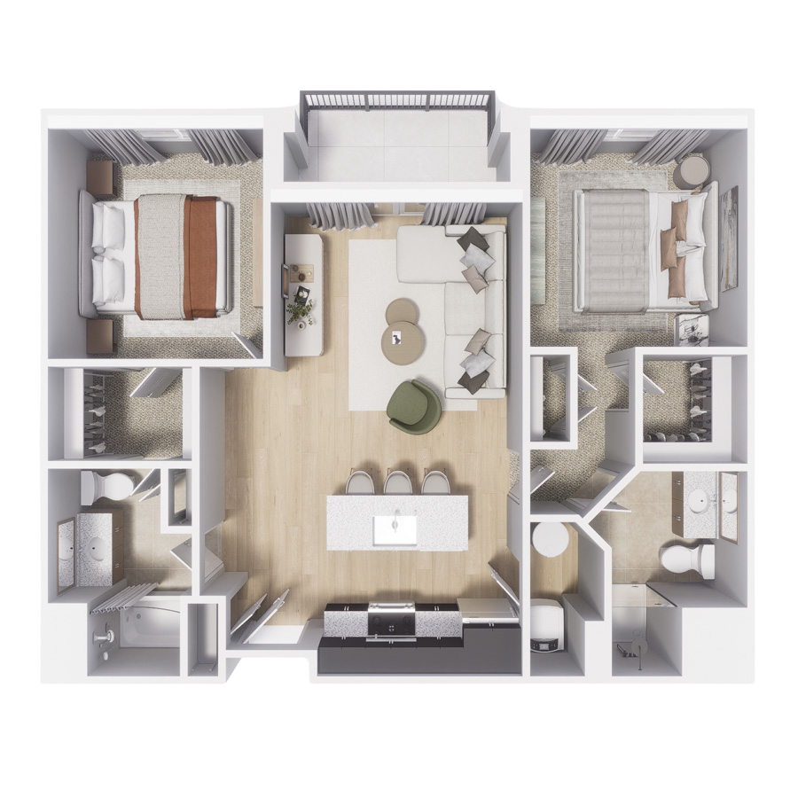 Rendering of the Foothills floor plan with 2 bedroom[s] and 2 bathroom[s] at Centre Court