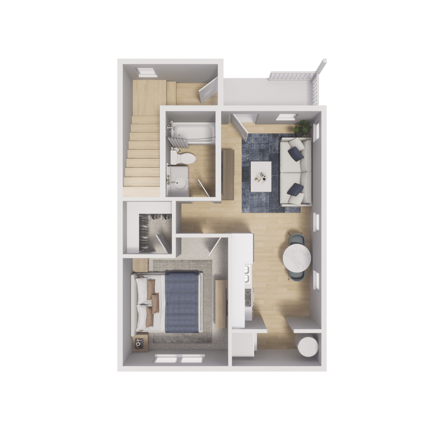 Rendering of the A1 floor plan with 1 bedroom[s] and 1 bathroom[s] at Cottages at Aero Park