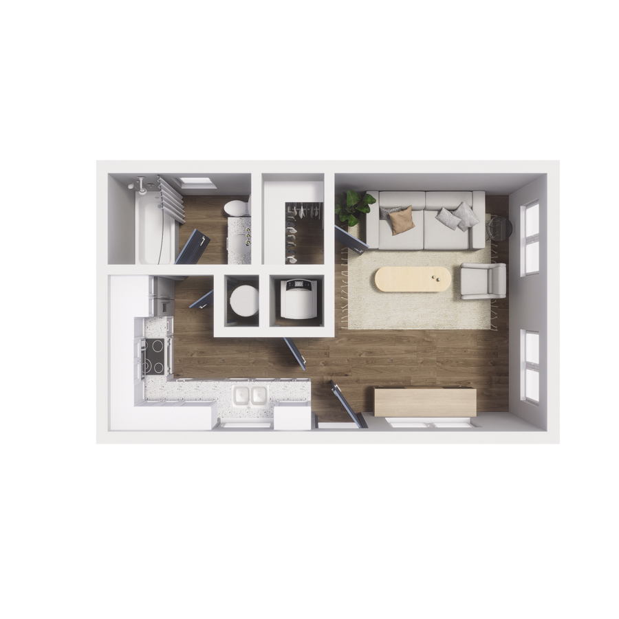 Rendering of the S2 floor plan with a Studio bedroom and 1 bathroom[s] at The Cottages at Woodmen Heights
