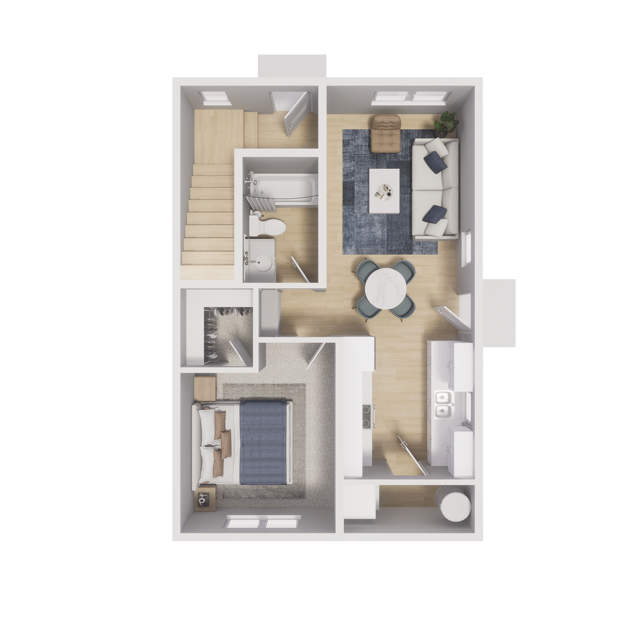 Rendering of the A3 floor plan with 1 bedroom[s] and 1 bathroom[s] at Cottages at Aero Park