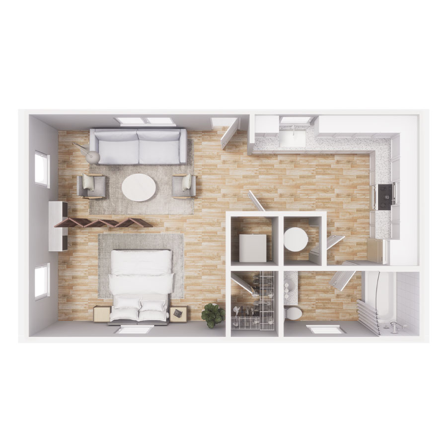 Rendering of the S2 floor plan with a Studio bedroom and 1 bathroom[s] at Cottages at Jetwing