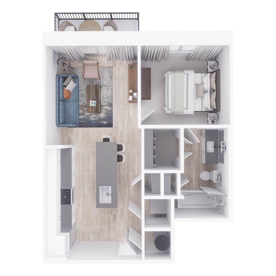 Rendering of the A1 floor plan with 1 bedroom[s] and 1 bathroom[s] at Arte St. Petersburg