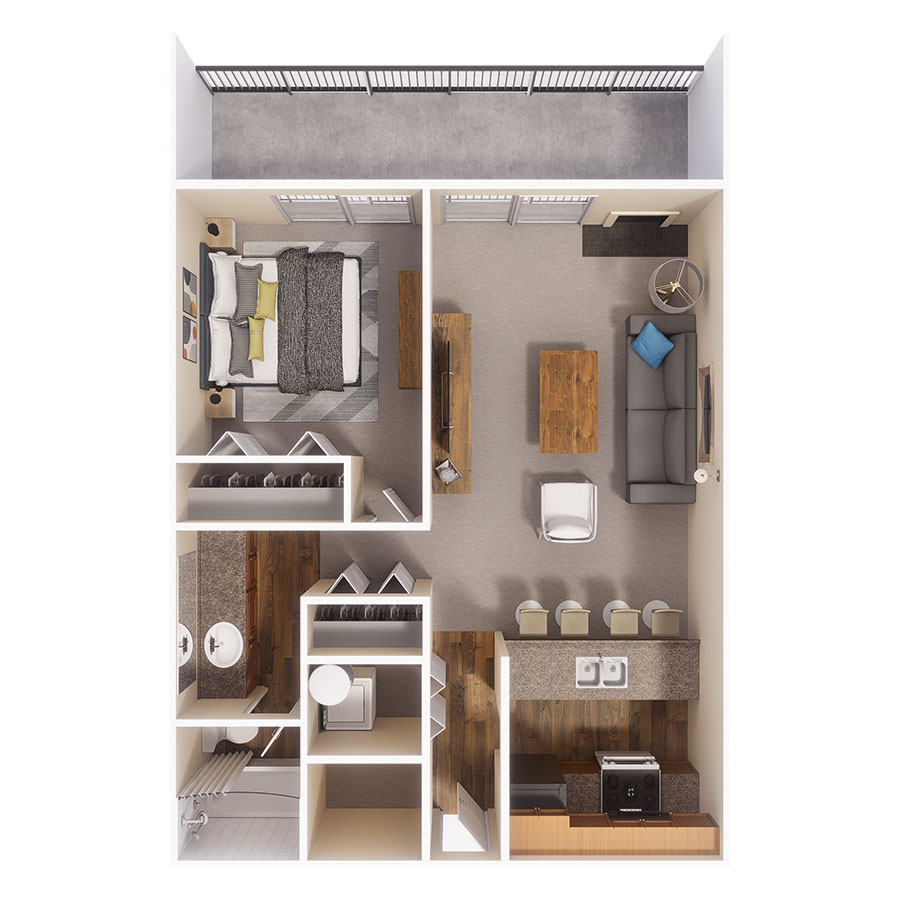 Rendering of the The Huron floor plan with 1 bedroom[s] and 1 bathroom[s] at Beacon House