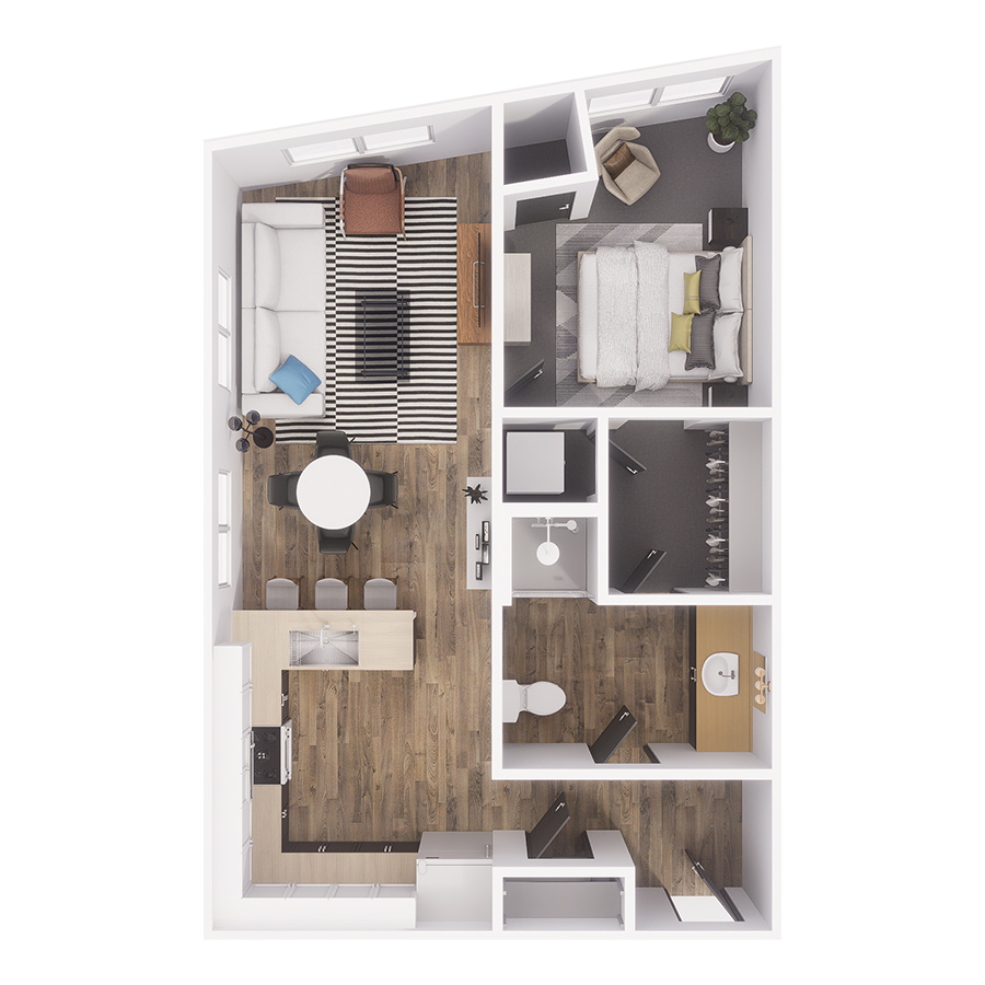 Rendering of the A2 floor plan with 1 bedroom[s] and 1 bathroom[s] at The Overland