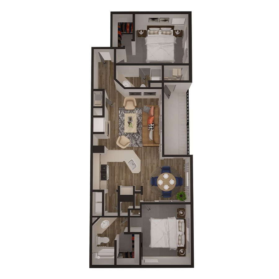 Rendering of the Marin floor plan with 2 bedroom[s] and 2 bathroom[s] at Copper Ridge