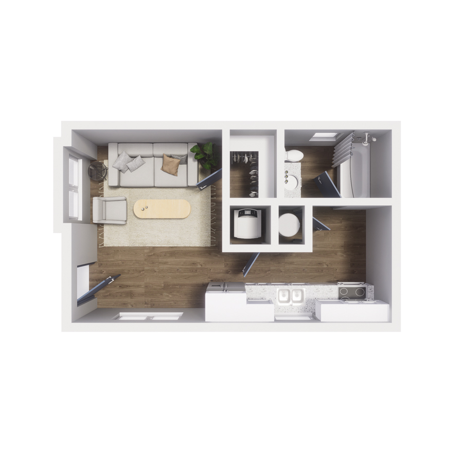 Rendering of the S1 floor plan with a Studio bedroom and 1 bathroom[s] at The Cottages at Woodmen Heights