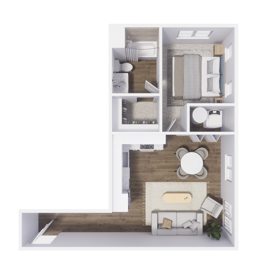 Rendering of the A1 floor plan with 1 bedroom[s] and 1 bathroom[s] at The Retreat at Patriot Park