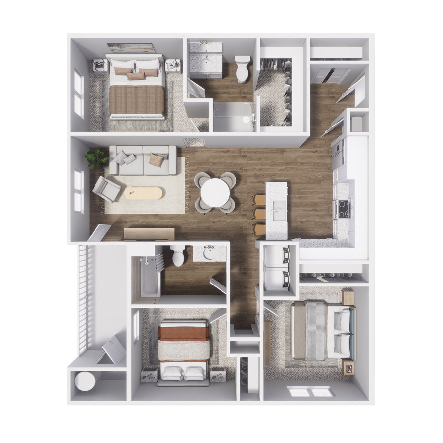Rendering of the C1 floor plan with 3 bedroom[s] and 2 bathroom[s] at The Retreat at Patriot Park
