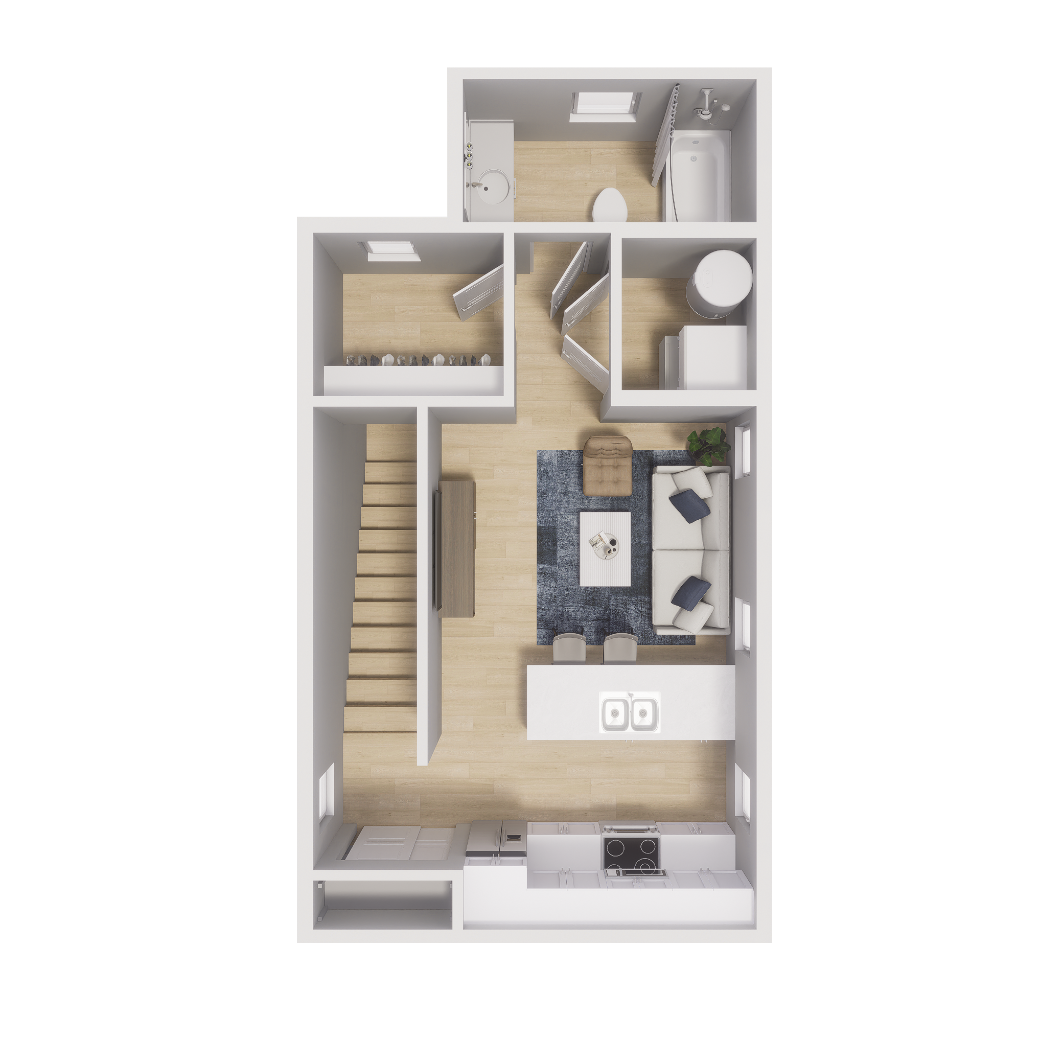 Rendering of the S2 floor plan with a Studio bedroom and 1 bathroom[s] at Cottages at Aero Park