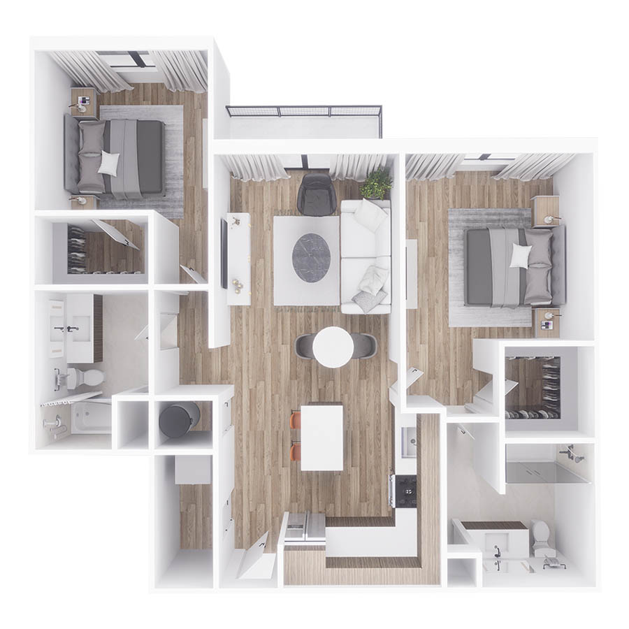 Rendering of the B4W floor plan with 2 bedroom[s] and 2 bathroom[s] at Sanctuary Doral