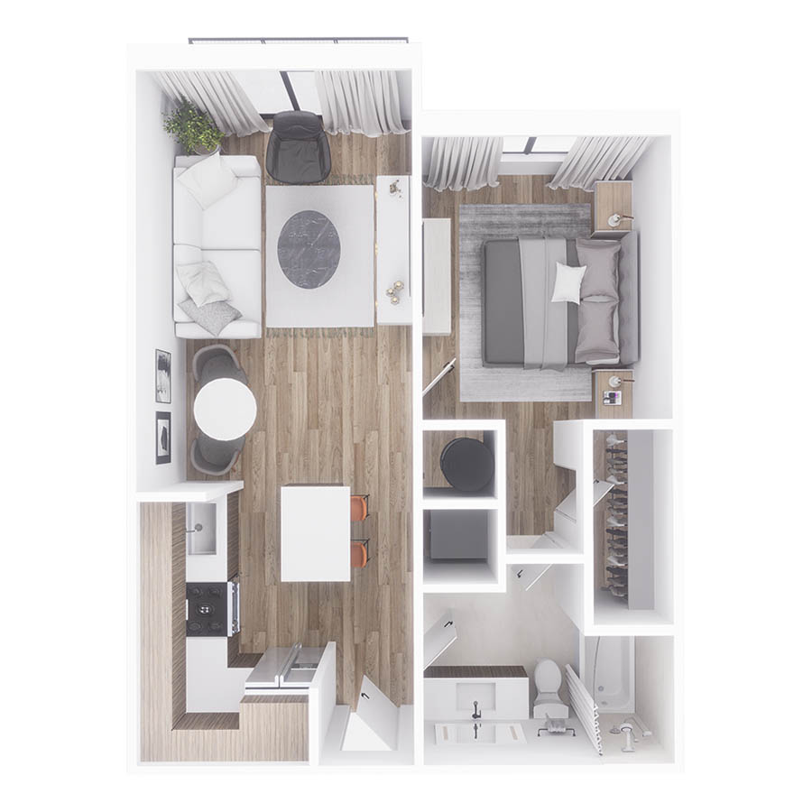 Rendering of the A3 floor plan with 1 bedroom[s] and 1 bathroom[s] at Sanctuary Doral