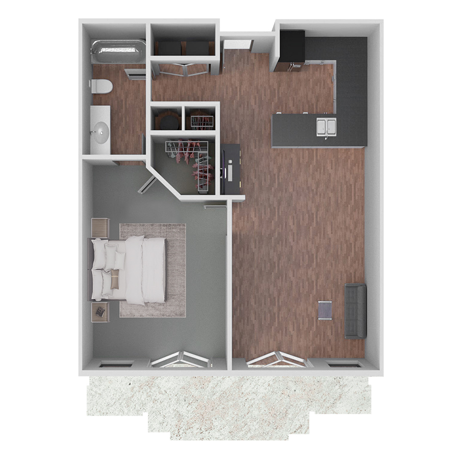 Rendering of the A5 floor plan with 1 bedroom[s] and 1 bathroom[s] at Prairie View at Village West