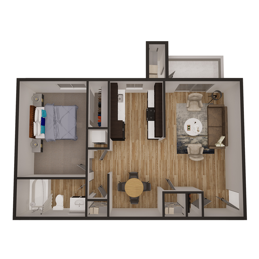 Rendering of the 1x1 680 sqft - Upgraded floor plan with 1 bedroom[s] and 1 bathroom[s] at Latitude
