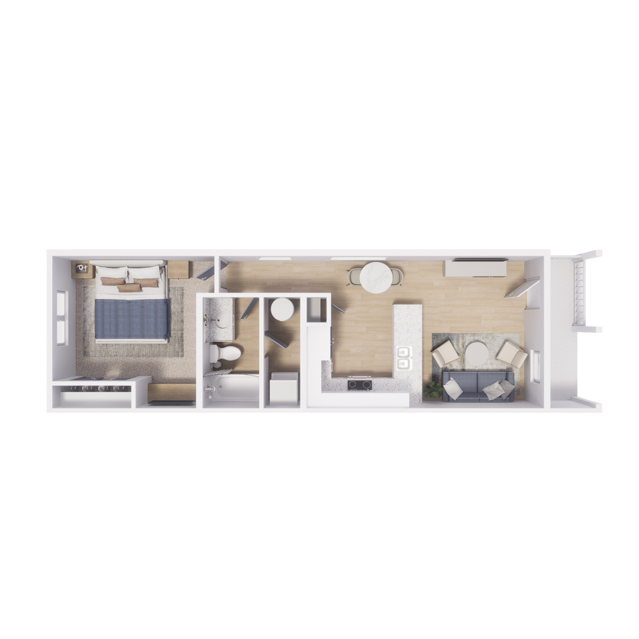 Rendering of the A1 floor plan with 1 bedroom[s] and 1 bathroom[s] at Cottages on the Boulevard