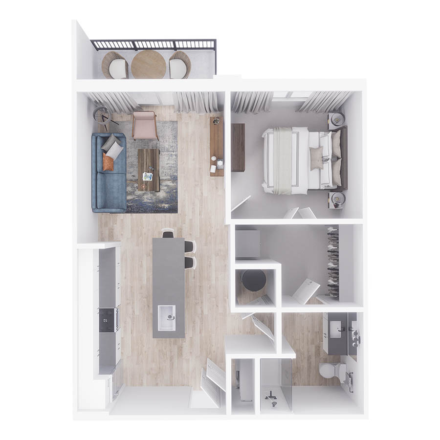 Rendering of the A2 floor plan with 1 bedroom[s] and 1 bathroom[s] at Arte St. Petersburg