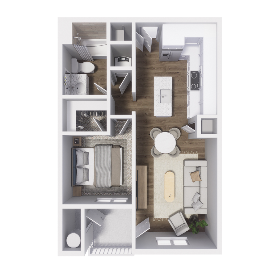 Rendering of the A3 floor plan with 1 bedroom[s] and 1 bathroom[s] at The Retreat at Patriot Park