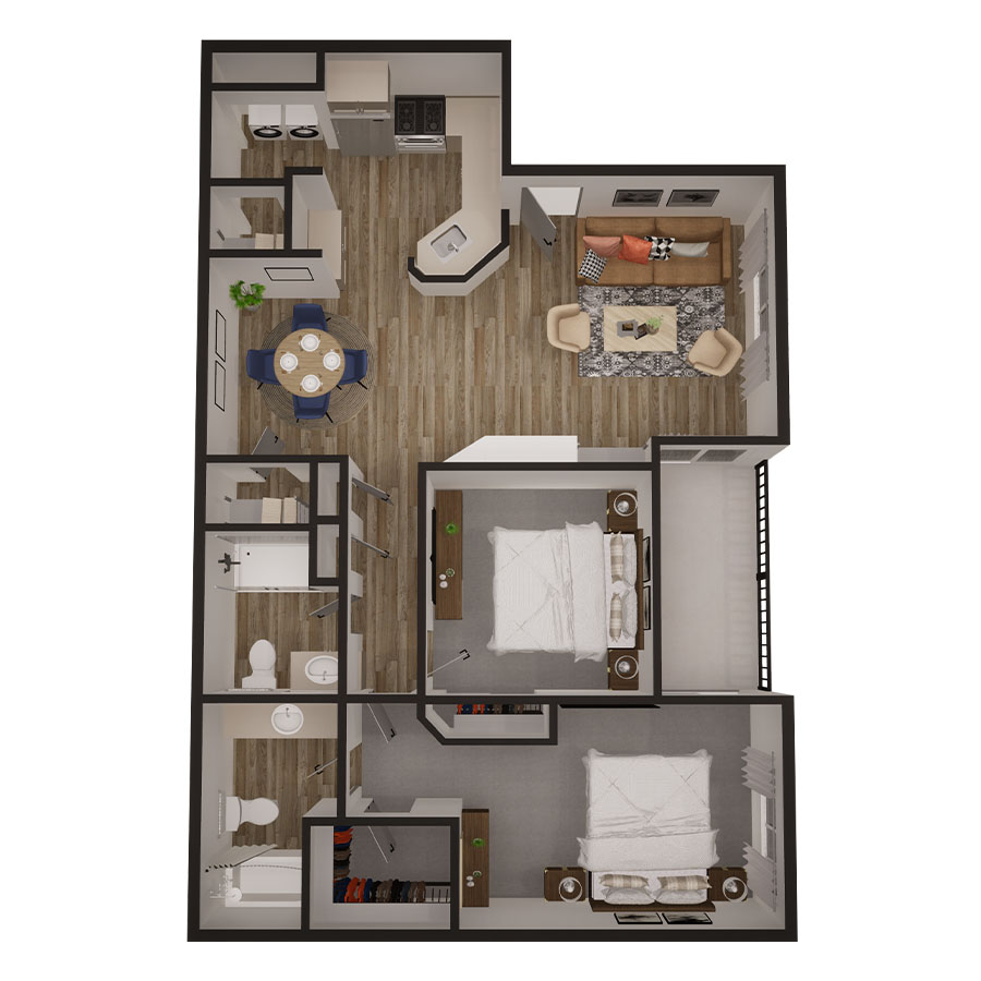 Rendering of the Falling Water floor plan with 2 bedroom[s] and 2 bathroom[s] at Copper Ridge