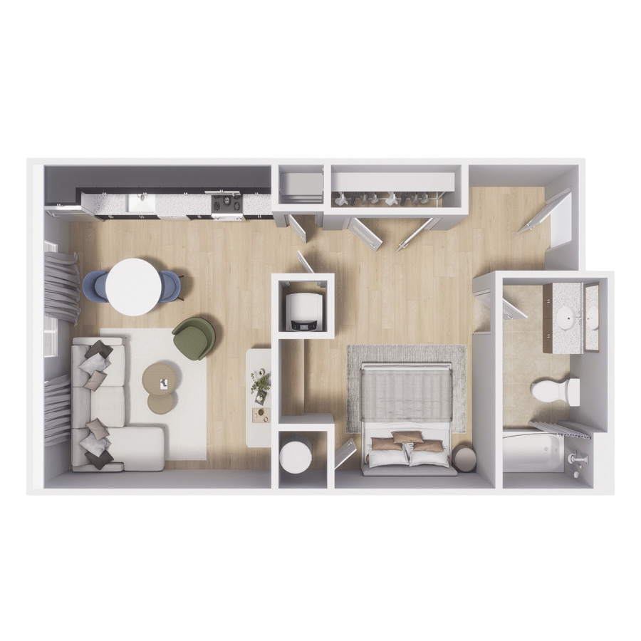 Rendering of the Baseline floor plan with a Studio bedroom and 1 bathroom[s] at Centre Court