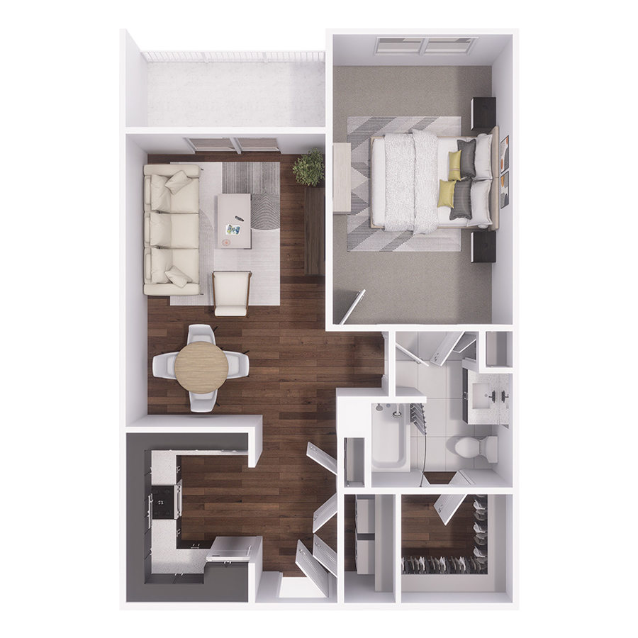 Rendering of the A1 floor plan with 1 bedroom[s] and 1 bathroom[s] at Residence at Old Hickory Lake