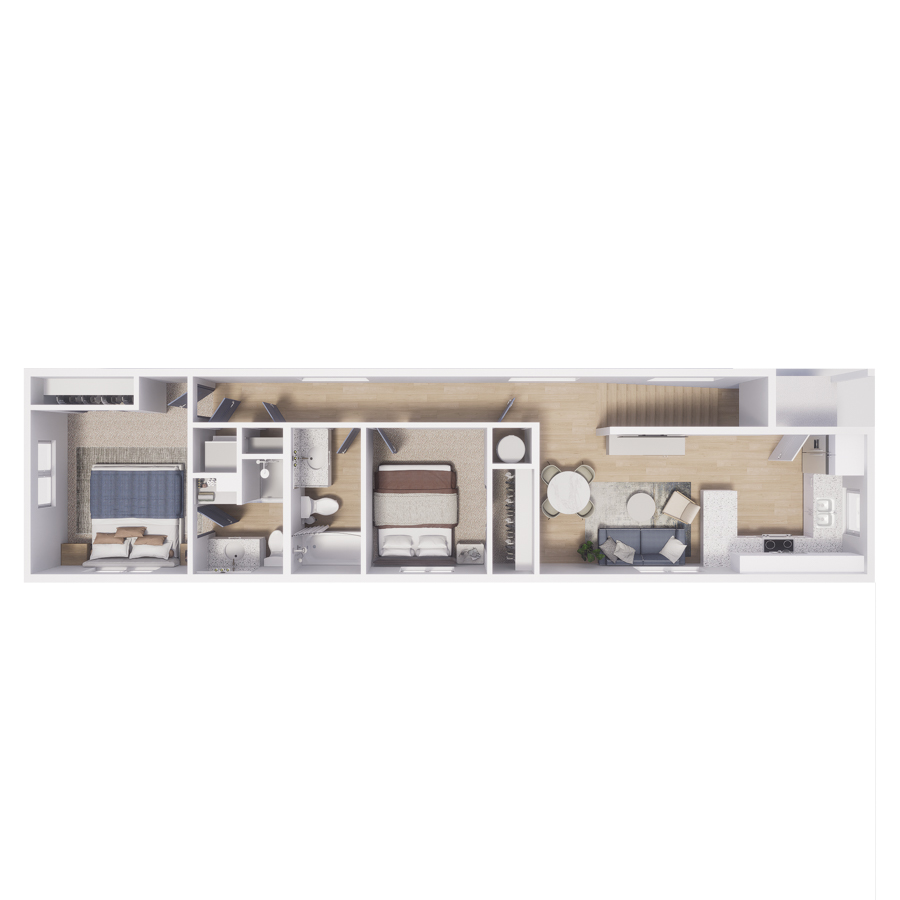 Rendering of the B3 floor plan with 2 bedroom[s] and 2 bathroom[s] at Cottages on the Boulevard