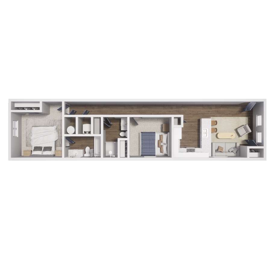 Rendering of the B2 floor plan with 2 bedroom[s] and 1 bathroom[s] at The Cottages at Woodmen Heights