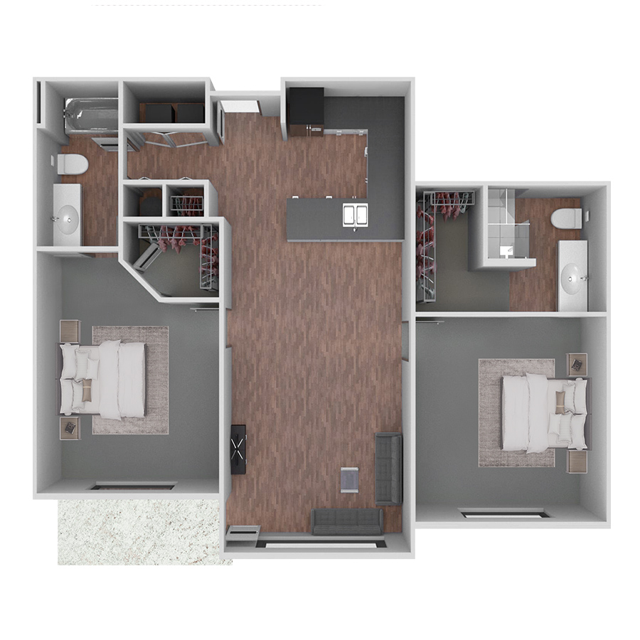 Rendering of the C3 floor plan with 2 bedroom[s] and 2 bathroom[s] at Prairie View at Village West