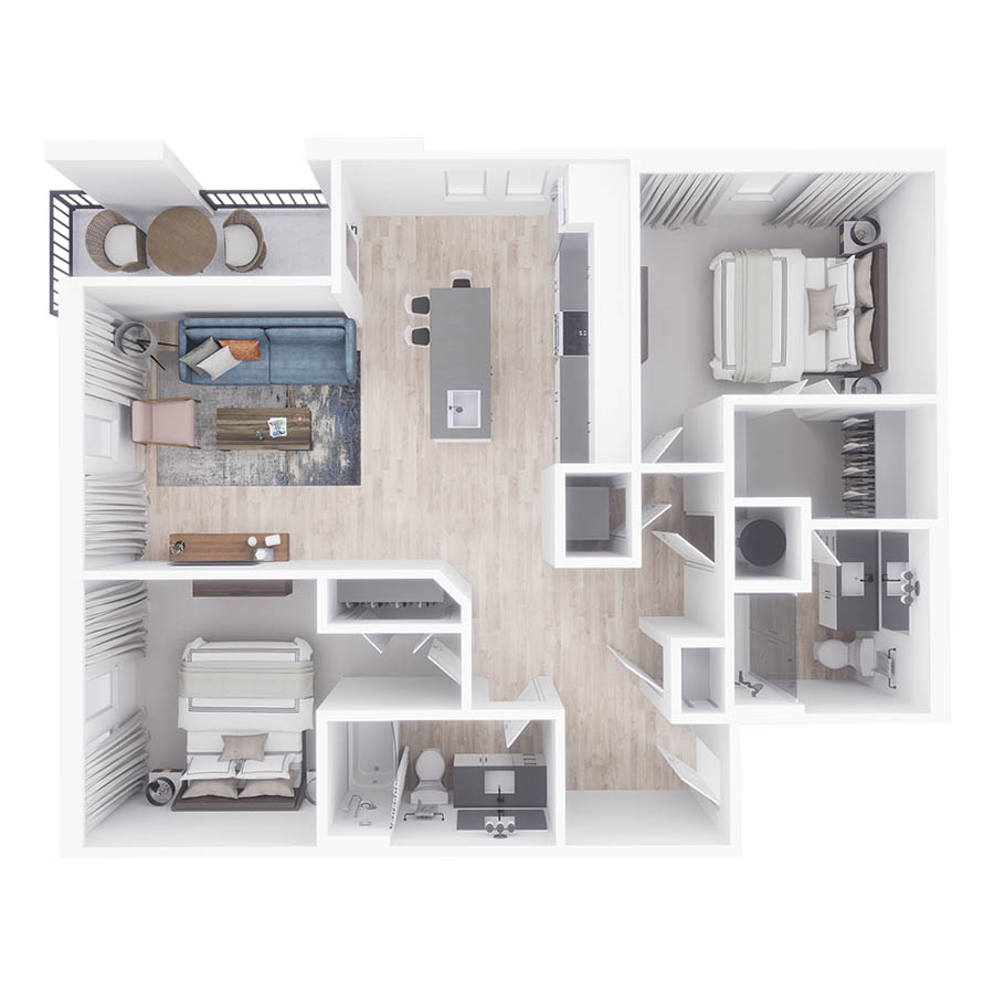 Rendering of the B3 floor plan with 2 bedroom[s] and 2 bathroom[s] at Arte St. Petersburg